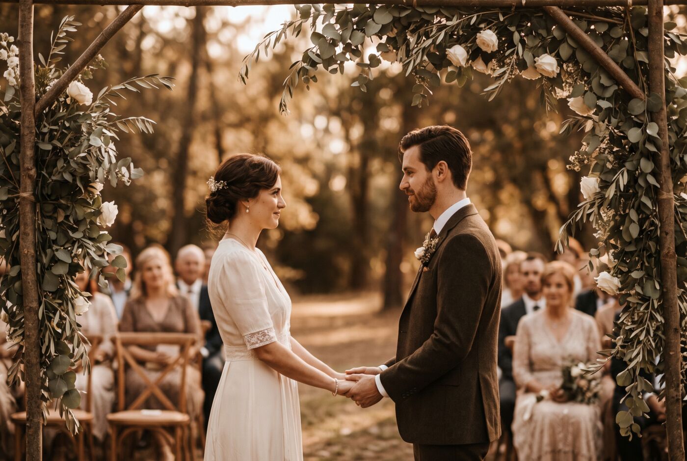 A couple exchanging vows under an arch of greenery, guests soft in the background